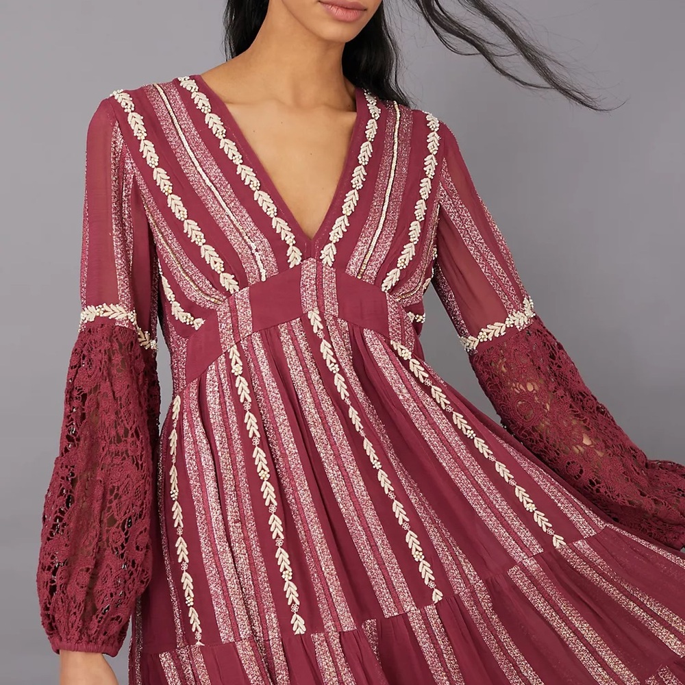 Anthropologie Blaise Embroidered Lace Maxi Dress Size 6 maroon pink red maxi